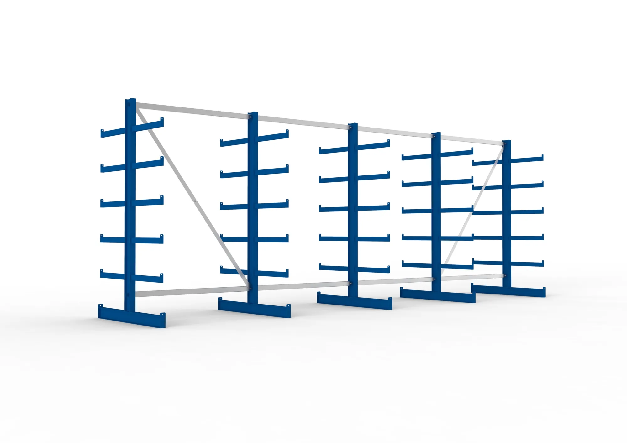 META ATLAS ST | Kragarmregal | 4 Felder | 2000 x 5400 x 500 mm | Armlast 200 kg | doppelseitig | 5+1 Ebenen | RAL 5010