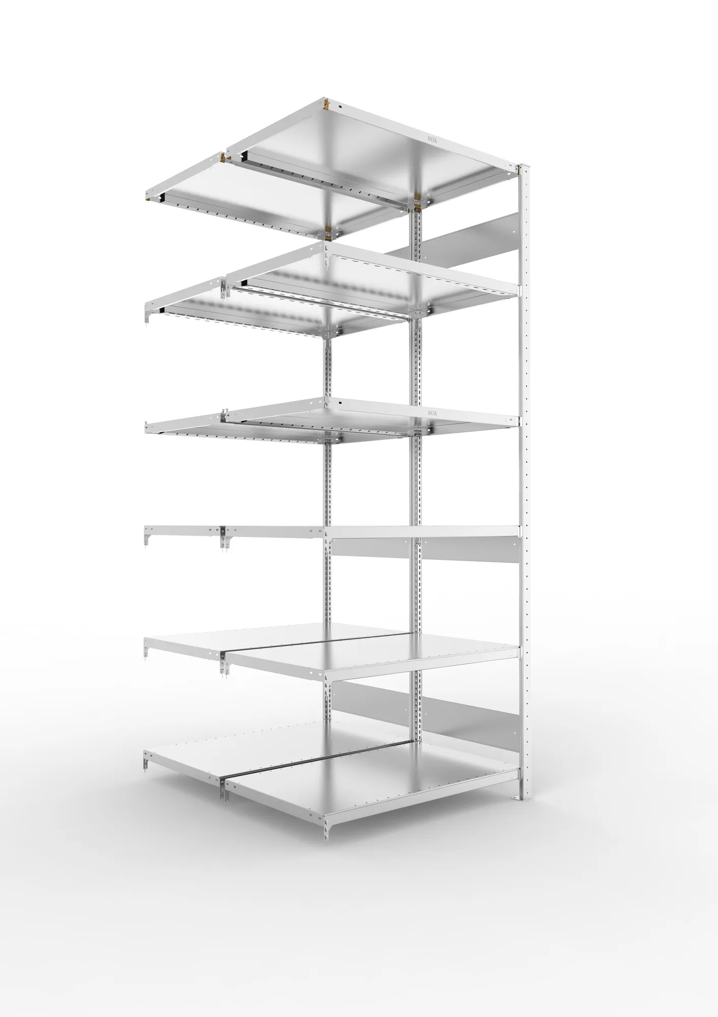 META CLIP S3 | Fachbodenregal | Doppel-Anbauregal | 2500 x 1000 x 600 mm | Fachlast 230 kg | 5+1 Ebenen | Längsriegel | verzinkt