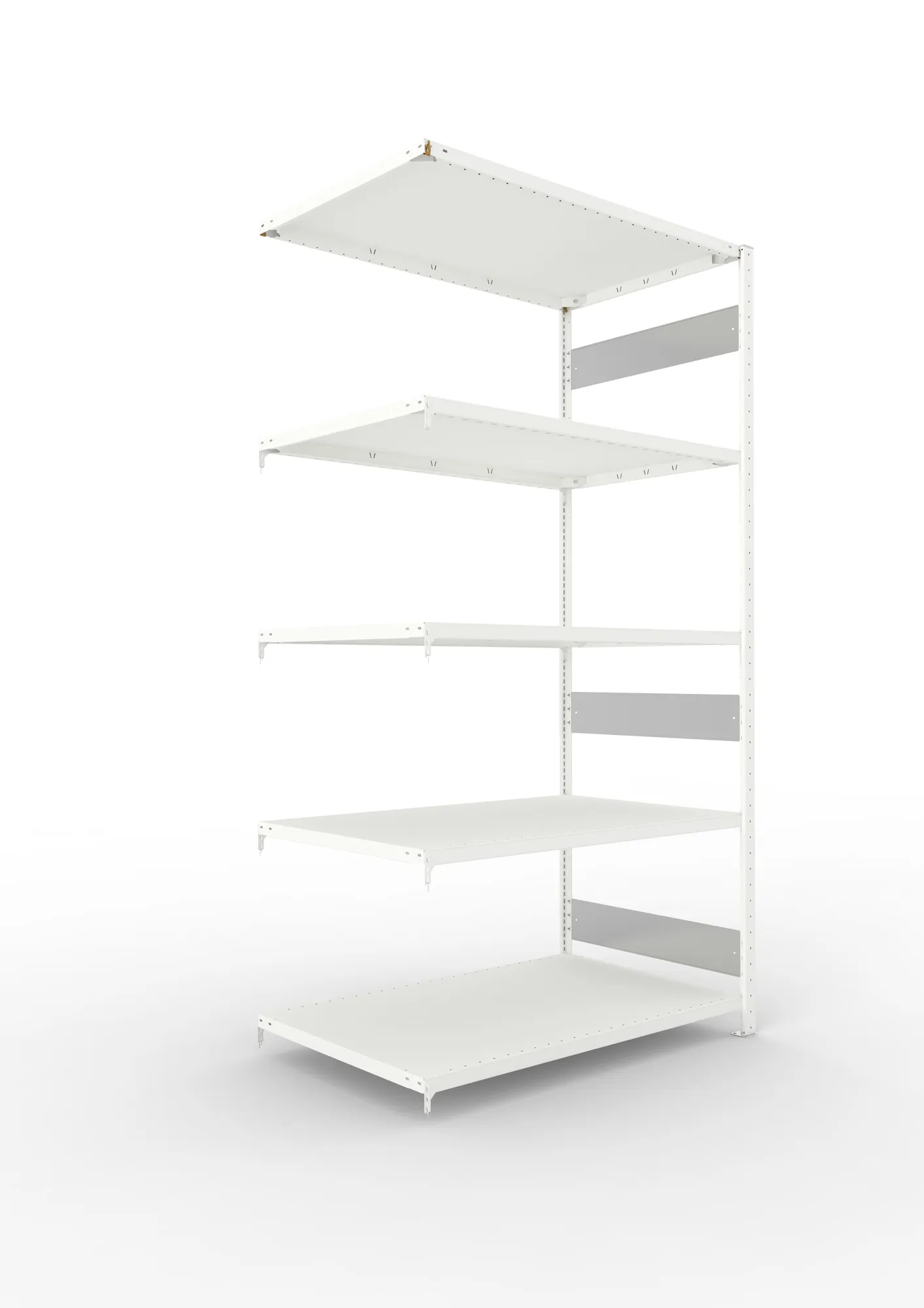 META CLIP S3 | Fachbodenregal | Anbauregal | 2500 x 1300 x 800 mm | Fachlast 230 kg | 4+1 Ebenen | Längsriegel | RAL 7035